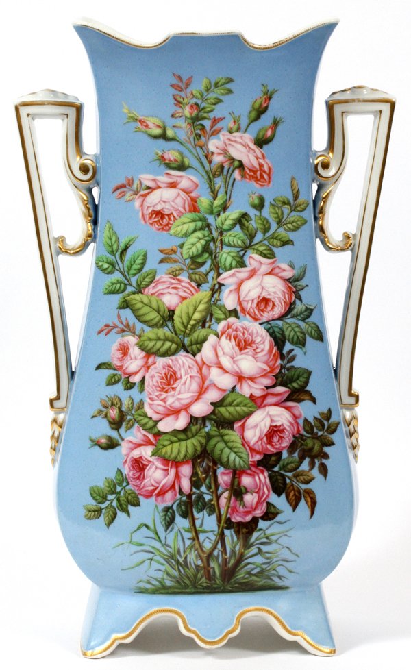 FRENCH PORCELAIN VASE BY OTTO EHRENBERG 1885: FRENCH PORCELAIN VASE PAINTED BY OTTO EHRENBERG, 1885, H 16 3/4":Urn-form with paneled sides, painted with pink roses at one side and budding branches on the reverse, flanked by angular handles and ra