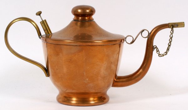 JOSEPH HEINRICHS COPPER W/ BRASS TEAPOT: JOSEPH HEINRICHS, COPPER WITH BRASS TEAPOT, H 5.5", W 10":Signed Jos Henrichs, Paris - New York.