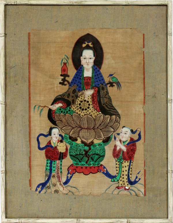 THAILAND THONKA GOUACHE, BUDDHA W/ATTENDENTS: THAILAND THONKA GOUACHE ON PAPER, 19 1/2" X 14", BUDDHA WITH ATTENDANTS:Likely a portion of a scroll, under glass, in a wood frame modeled as bamboo.