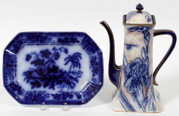 FLOW BLUE PLATTER & DOULTON COFFEE POT LATE 19TH: FLOW BLUE PLATTER & DOULTON COFFEE POT, LATE 19TH C., L 10":Including 1 flow blue platter, impressed "G", L.10" x 7 1/2", and 1 Doulton coffee pot with cobalt blue iris motif, impressed "Doulton", H.1