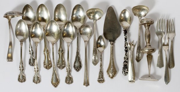 AMERICAN STERLING FLATWARE EARLY-MID 20TH C.: AMERICAN STERLING FLATWARE, EARLY-MID 20TH C., 25 PIECES:Sterling silver flatware includes 2 Wallace "Normandie" cream ladles, L.4 3/4", and 1 "Cabot" cream ladle, L.4 1/4"; 1 S. Kirk & Son sugar tong