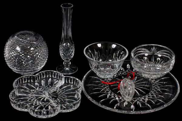 WATERFORD CRYSTAL COLLECTION SEVEN PIECES: WATERFORD CRYSTAL COLLECTION, SEVEN PIECES:Including a bud vase H 9", a rose bowl H 5.75", Dia 6", two small bowl H 3", Dia 5.75" and H 3.25", Dia 5.75", a divided dish Dia 9.25", one cake plate Dia 1