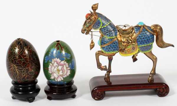 CLOISONNÉ & ENAMEL DECORATIVES THREE PIECES: CLOISONNÉ & ENAMEL DECORATIVES, THREE PIECES, H 3"-4 3/4":Enamel eggs, 2 with stands. Enamel metal standing horse.