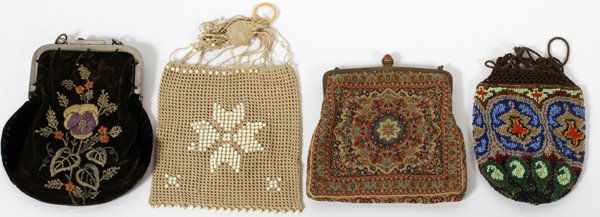 VINTAGE NEEDLEPOINT & BEADED PURSES FOUR: VINTAGE NEEDLEPOINT & BEADED PURSES, FOUR:Including 1 petit point purse, with the label, "Custom Bags Christine's Detroit", H.6", W.6" (two of the decorative stones in the frame have a crack and a 1/4