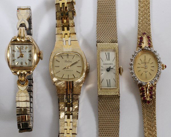LADY'S WRISTWATCHES FOUR: LADY'S WRISTWATCHES, FOUR:Featuring a 14 KT yellow gold Longines watch with a gold filled mesh band, a Geneve quartz watch with faux diamonds and rubies, a Bulova M3 watch with flexible band and a Ped