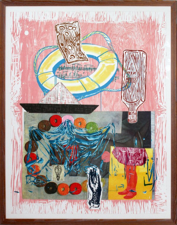 DAVID SALLE LITHO & WOODCUT, PINK LIFESAVER: DAVID SALLE (US B. 1952), COLOR LITHOGRAPH & WOODCUT, 1990, H 51", W 41", "PINK LIFESAVER":Size is image and paper; #24/30; pencil signed; floated in the frame.