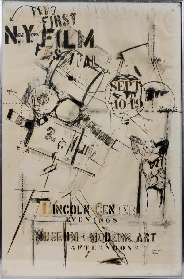 LARRY RIVERS LITHO 1963, 1ST N.Y. FILM FEASTIVAL: LARRY RIVERS, LITHOGRAPH ON PAPER, 1963, H 46" W 30", FIRST NEW YORK FILM FESTIVAL:Larry Rivers [American, 1923-2002]. Ink signed lower right and dated 9/10/63. Edition #147/250. Framed.