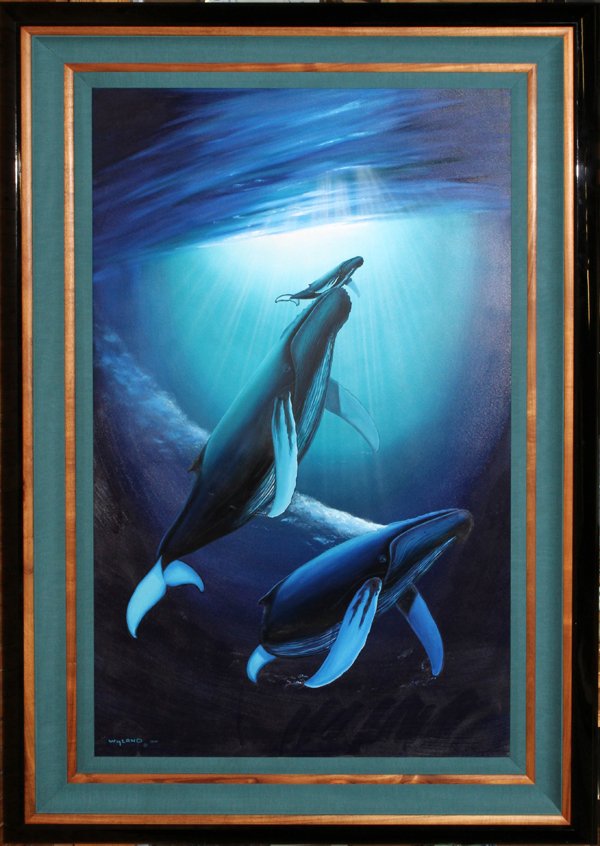ROBERT WYLAND OIL/C 2000, 'SPIRIT OF OCEAN LIFE': ROBERT WYLAND OIL ON CANVAS, 2000, H 60" L 36", "SPIRIT OF OCEAN LIFE":Robert Wyland [American B. 1956] studied at the College For Creative Studies, Detroit, MI. Depicting two whales with a calf. Sign
