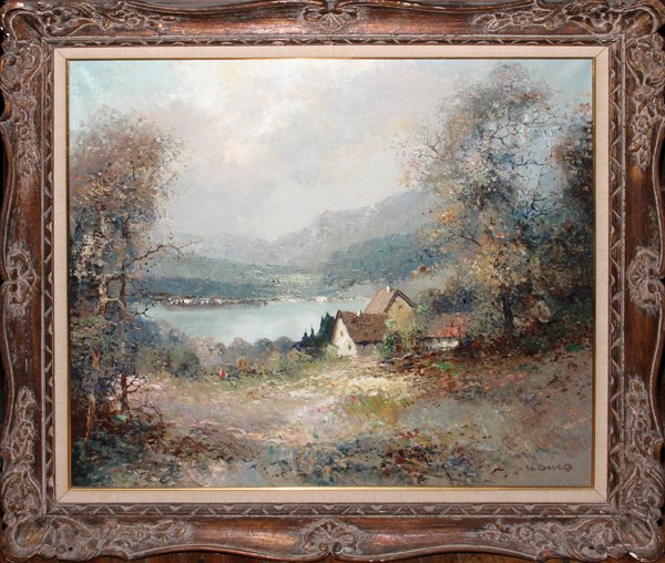 WILLI BAUER GERMAN OIL 20TH C VILLAGE & MEADOW: WILLI BAUER, GERMAN OIL ON CANVAS, 20TH C., 27" X 30", VILLAGE & MEADOW SCENE,:Framed and matted; signed lower right. Frame outside measures: 35" x 38". Willi Bauer was born July 7, 1923 in the Spessa