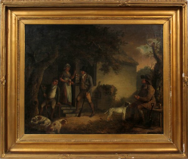 GEORGE MORLAND OIL ON CANVAS: GEORGE MORLAND (BRITISH 1763-1804), OIL ON CANVAS, 28" X 36":Men resting at cottage with woman and dog. Unsigned; 28 1/2" x 36"; gilt period frame.