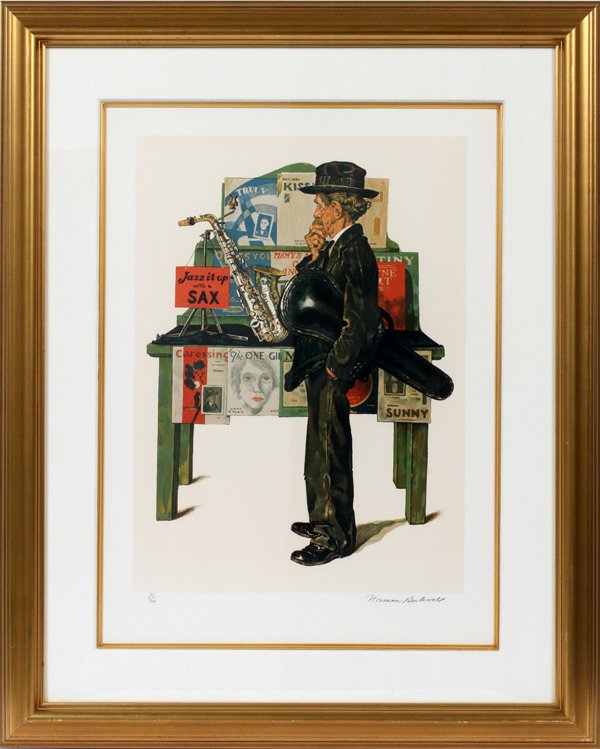 AFTER NORMAN ROCKWELL COLOR LITHO, JAZZ IT UP: AFTER NORMAN ROCKWELL, COLOR LITHOGRAPH, H 23", W 17" IMAGE, "JAZZ IT UP":Pencil signed; #75/200; framed. From Princess Fine Arts.