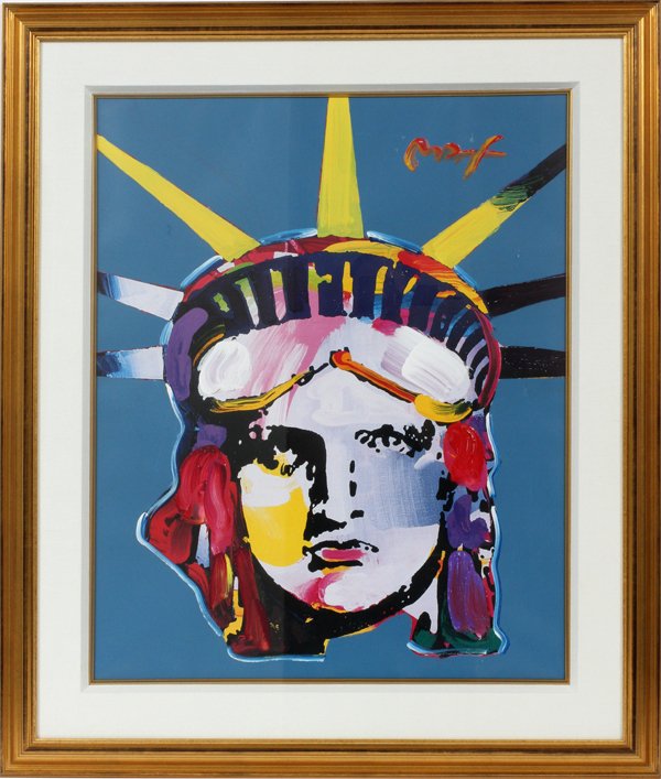 PETER MAXHAND EMBELL OFFSET LITHO LIBERTY HEAD: PETER MAX (US/GERMAN B. 1937) HAND EMBELLISHED OFFSET LITHOGRAPH, H 29", W 23" SIGHT, HEAD OF LIBERTY:Signed in the print; framed; no edition #.