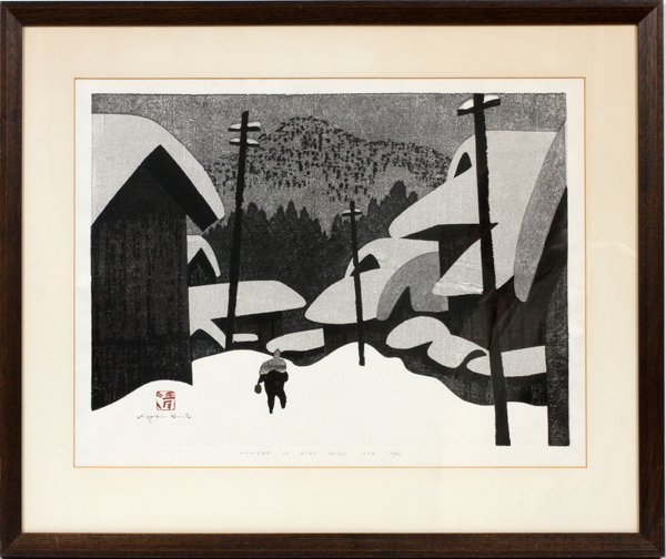 KIYOSHI SAITO WOODBLOCK PRINT '70 WINTER IN AIZU: KIYOSHI SAITO, WOODBLOCK PRINT, 1970, H 15" W 20", "WINTER IN AIZU":KIYOSHI SAITO (Japan, 1907-1997). Edition #44/80. Image size is H. 15" x W. 20.5". Signed lower left. Framed.