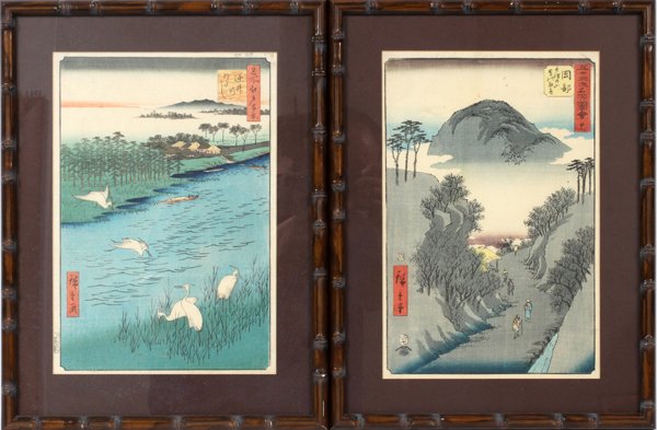 HIROSHIGE JAPANESE WOODBLOCK PRINTS PAIR: HIROSHIGE, JAPANESE WOODBLOCK PRINTS, PAIR H 13" W 8":Ando Hiroshige (Japan, 1797-1858). Pair of woodblock prints. One depicting cranes over water. The other depicting mountain trail with figures. Fro