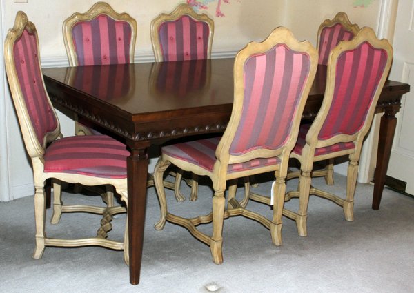 DINING TABLE & SET OF CHAIRS: DINING TABLE 67" & SET OF (6) CHAIRS:Country French style chairs. Set of six sides. Lavender and purple striped upholstery. Walnut table 67" x 41".
