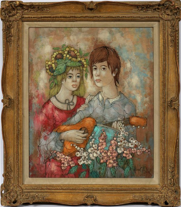 HUGO CASAR OIL/C, YOUNG COUPLE: HUGO CASAR (GERMAN B. 1911), OIL ON CANVAS, YOUNG COUPLE, 24" X 20":Depicting a young woman with a man, playing guitar. Signed lower right and in a gilt wood frame. Label on verso "W.C. Burger Co. Ori