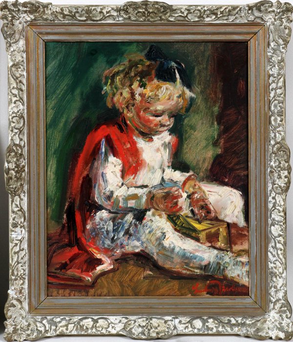 LUDVIG JACOBSENMODERN IMPRESSIONIST OIL/C: LUDVIG JACOBSEN (DANISH 1890-1957), MODERN IMPRESSIONIST OIL ON CANVAS, 17" X 13", CHILD PLAYING:Signed lower right; period or original antiqued frame.