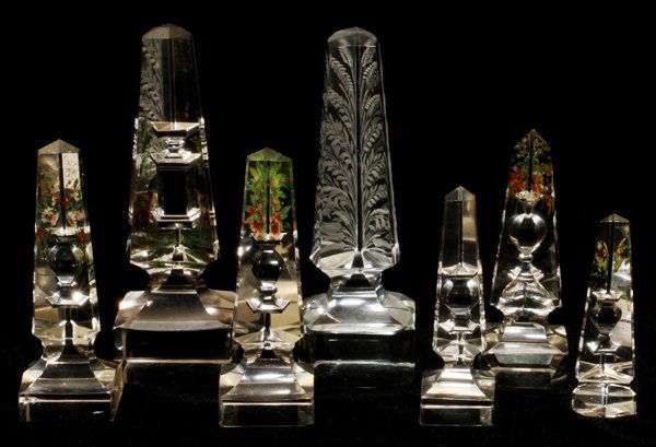 CRYSTAL OBELISKS 7 PIECES: CRYSTAL OBELISKS, 7 PIECES:Enameling and etched.