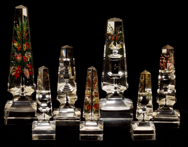 CRYSTAL OBELISKS 7 PIECES: CRYSTAL OBELISKS, 7 PIECES, H 3 3/4''-7 1/4'':