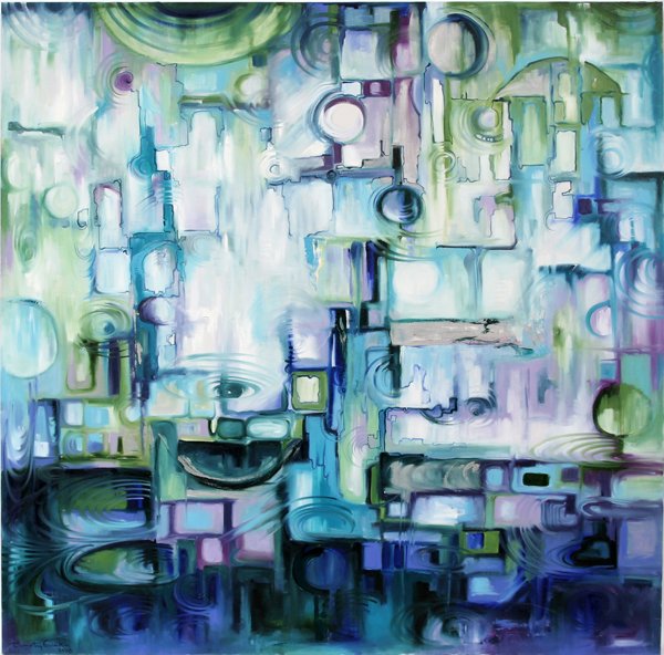 TIMOTHY ORIKRI ACRYLIC ON CANVAS, ABSTRACT: TIMOTHY ORIKRI, ACRYLIC ON CANVAS H 48" W 48" ABSTRACT:Signed. Dated 2008. Not framed. Blue, purple, green, aqua primary tones.