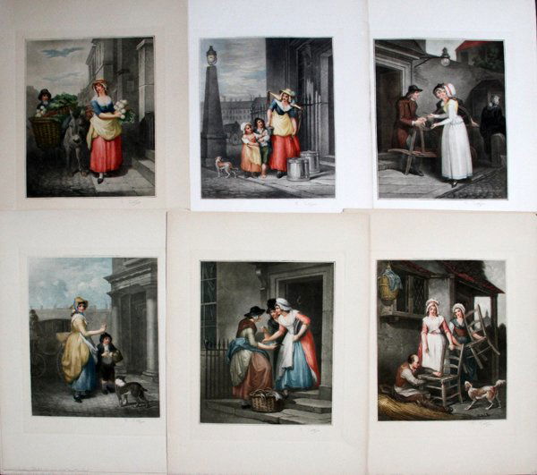 AFTER SIR F. WHEATLEY PRINTS, CRIES OF LONDON: AFTER SIR FRANCIS WHEATLEY, COLOR PRINTS, 13, 15" X 12", "CRIES OF LONDON":Signature in lower right margin, "F. Petitya". Published 1926 by Henry Graves, London. Full sheets of paper, unframed.