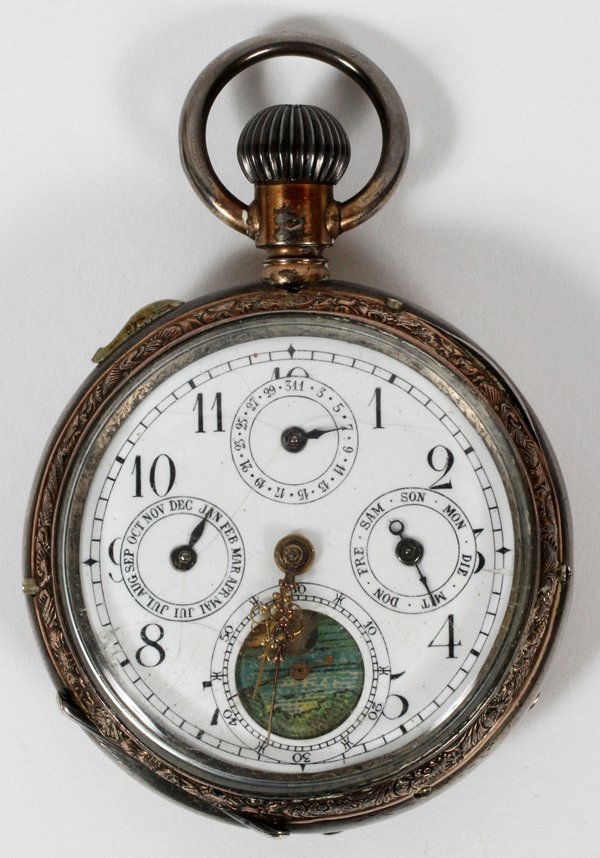 800 SILVER CASE POCKET WATCH: 800 SILVER CASE POCKET WATCH, DIA CASE 1 3/4":Moon phase date, day and month. Face diameter is 1 5/8" 800. #37222. KPCO & G. -LK
