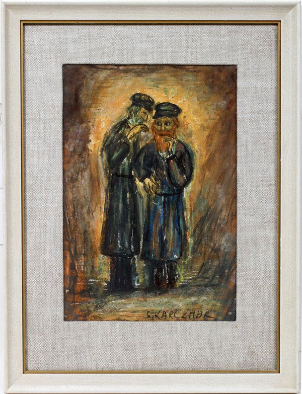 SIMON NATAN KARCZMAR MIXED MEDIA, MEN CONFERRING: SIMON NATAN KARCZMAR (1903-), MIXED MEDIA, 12" X 8", TWO MEN CONFERRING:Signed lower right. Pastel and watercolor. Framed and matted under glass.