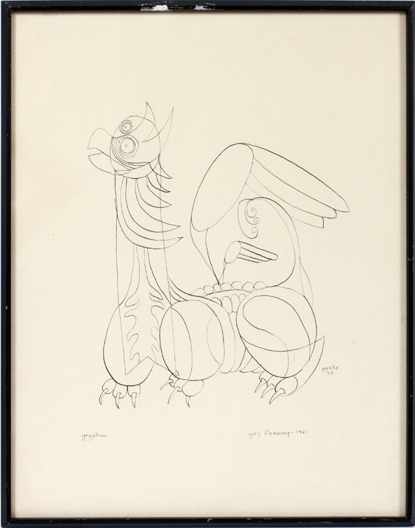 GARY FLEMING PEN AND INK DRAWING 1961, GRYPHON: GARY FLEMING PEN AND INK DRAWING, 1961, H 24" L 18", "GRYPHON":Gary Fleming [American 20th C.]. Pencil signed and dated 1961.