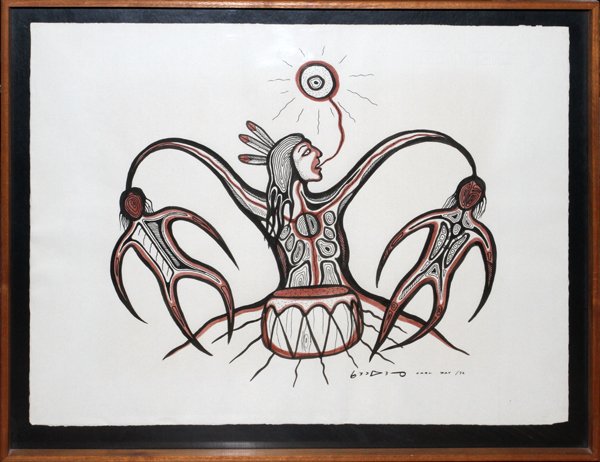 CARL RAYPEN & INK ON PAPER 1972: CARL RAY (1943-1978), PEN & INK ON PAPER, 1972, 19" X 24 1/2", 'MEDICINE MAN':Signed and dated lower right (see additional photo), under glass, framed. Carl Ray, Canadian, 1943-1978.