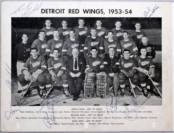 DETROIT RED WINGS TEAM SIGNED PHOTOGRAPH: 1953-54 DETROIT RED WINGS TEAM SIGNED PHOTOGRAPH, STANLEY CUP CHAMPIONS, 1954, H 8", W 10": With 16 signatures, including Gordie Howe, Terry Sawchuk, Red Kelly, Ted Lindsay, Alex Delvecchio, Marcel Pr