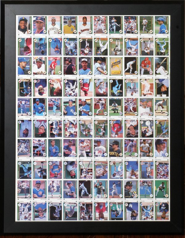 '88 ROOKIE BASEBALL CARDS UNCUT SHEET FRAMED: 1988 UPPER DECK, ROOKIE BASEBALL CARDS, UNCUT SHEET, 48" X 31" FRAMED:With Rookie cards for 26 players including Ken Griffey Jr., Randy Johnson, John Smoltz, Sandy Alomar Jr., Gary Sheffield, Cris Car