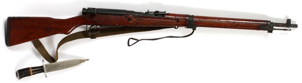 U.S RANGER FIGHTING-KNIFE & JAPANESE ARISAKA RIFLE: U.S. RANGER FIGHTING-KNIFE, & JAPANESE ARISAKA RIFLE 2: WWII United States Army Fighting Knife 7" Blade Stacked Leather Wafer-Grip (Handle). - Blade is Edged with The Actual Soldier's Name Rank and Se