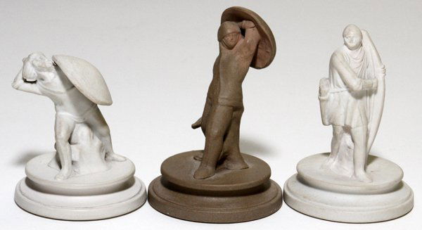 WEDGWOOD JASPER CHESS FIGURES 19TH C. THREE: WEDGWOOD JASPER CHESS FIGURES, 19TH C., THREE, H 2"-2 3/4":Including 1 drab ware figure of a knight with shield, and 2 other white figures, one with shield, the other with a bow; all are impressed "We