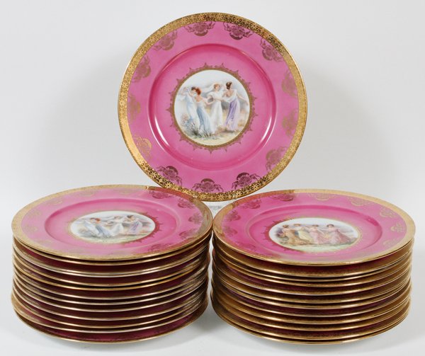 J. KUBA BAVARIAN VIENNA STYLE PORCELAIN PLATES: JOSEF KUBA, BAVARIAN, VIENNA STYLE PORCELAIN PLATES, SET OF 26, DIA 10 1/2": Rosenthal porcelain, decorated by Josef Kuba, Wiesau, Germany. Having finely detailed gilt decoration along the edges, on a