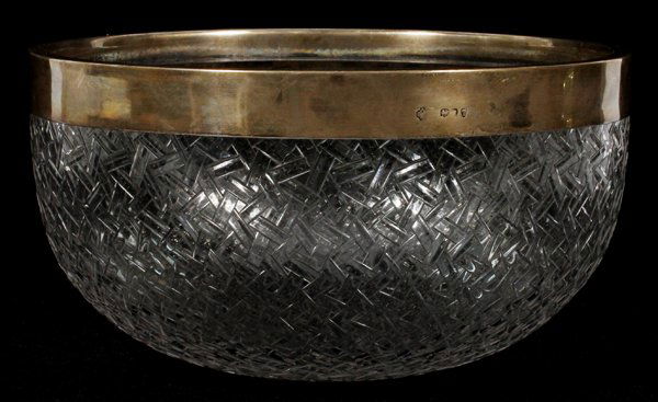 WILLIAM HUTTON & SONS STERLING MOUNT GLASS BOWL: WILLIAM HUTTON & SONS STERLING MOUNTED GLASS BOWL, LONDON, 1894-95, H 5'', DIA 9'':Round glass bowl with overlapping geometric motif, with an English sterling rim by William Hutton & Sons, London, 189