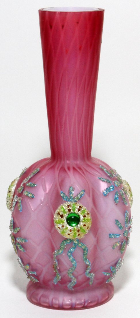 THOMAS WEBB & SONS SATIN GLASS VASE W/ CORALENE: THOMAS WEBB & SONS SATIN GLASS VASE WITH CORALENE DECORATION, H 5":Hand-blown glass vase with diamond pattern overall, shaded dark to light pink with satin sheen and applied coralene floral motif, sig