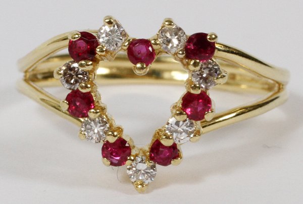 HENRY DUNAY GOLD DIAMOND & RUBY HEART RING: HENRY DUNAY YELLOW GOLD, DIAMOND & RUBY HEART RING: