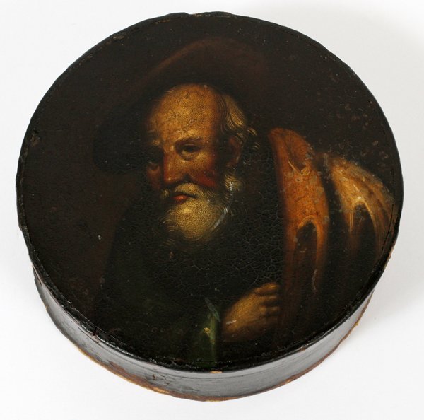 18TH. C. PAPIER MACHE PORTRAIT PATCH BOX: 18TH. C. PAPIER MACHE PORTRAIT PATCH BOX, DIA 4 1/2":Having a male portrait featured on the lid.