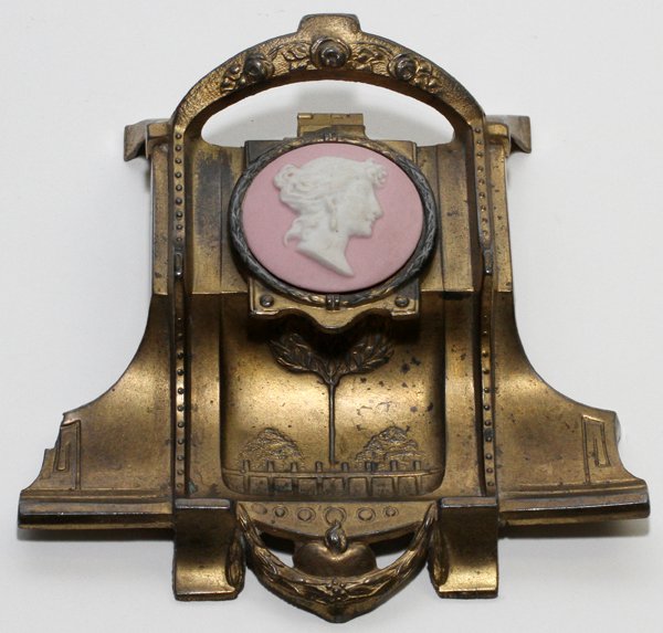 ENGLISH PATINATED METAL & JASPERWARE INK STAND: ENGLISH PATINATED METAL & JASPERWARE INK STAND, C. 1900, W 5":A pink jasperware portrait medallion centers the hinged lid. Measures H.1 3/4" x 5".