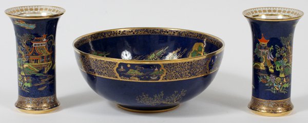 CARLTON WARE/WILTON & ROBINSON BOWL & VASES: CARLTON WARE/WILTON & ROBINSON BOWL & PAIR OF VASES, STAFFORDSHIRE, EARLY 20TH C., DIA 9":Including 1 round bowl, H.4", Dia.9 1/4", and 2 trumpet-form vases, H.6"; each piece is enamel decorated with