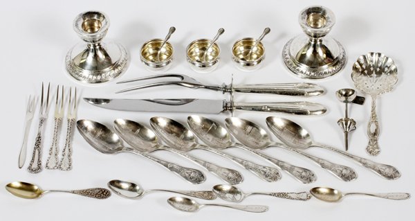 STERLING CANDLESTICK SPOONS SALTS PERFUME FUNNEL: STERLING CANDLESTICKS, SPOONS, OPEN SALTS, PERFUME FUNNELS:Sterling pair 2.5" weighted candlesticks; 5 sterling demi tasse spoons; 1 nut spoon also sterling; 4 sterling lemon forks; 2 [pc fowl size ca