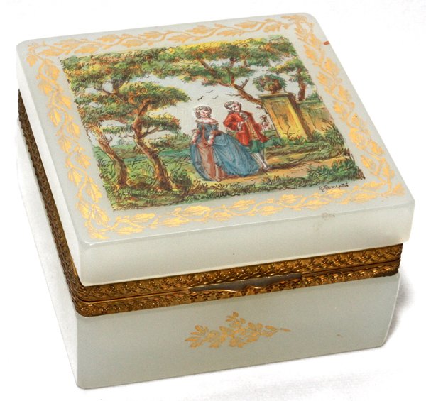 CONTINENTAL OPALINE GLASS BOX C. 1940 SQUARE: CONTINENTAL OPALINE GLASS BOX, C. 1940, W 4" SQUARE:Square box with hinged lid decorated with an 18th century style courting scene, signed. Measures H.2 1/2", W.4 1/4" square.