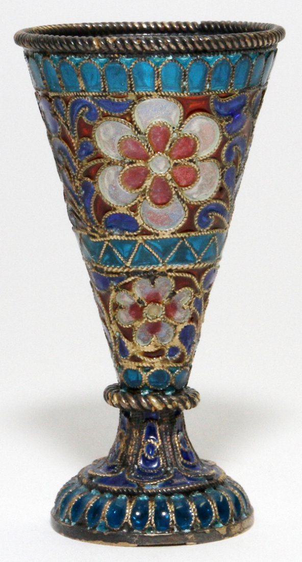 RUSSIAN SILVER GILT & PLIQUE-A-JOUR LIQUEUR: RUSSIAN SILVER GILT & PLIQUE-A-JOUR LIQUEUR, H 2 1/2":Floral motif in shades of white, red and blue, with hallmark at the underside rim.