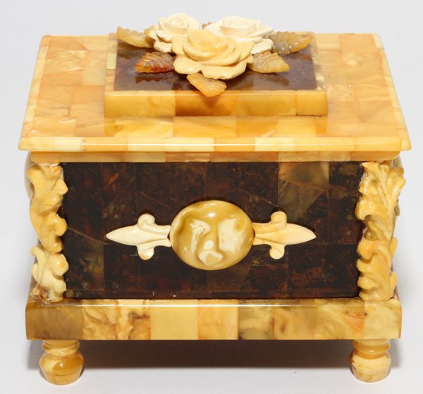 AMBER BOX: AMBER BOX, H 3 1/2" W 4":Rectangular shape with removable cover. Three roses clustered at the cover.