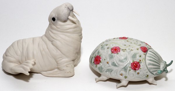 CYBIS BISQUE BEETLE & WALRUS FIGURES: CYBIS BISQUE BEETLE & WALRUS FIGURES, L 5":Including 1 beetle, L.5", and 1 walrus, H.4 1/4"; signed. Two items total.