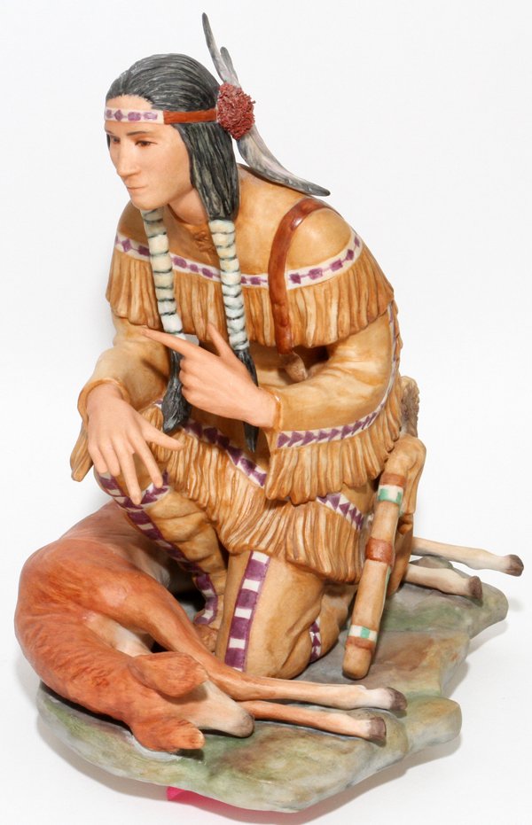 CYBIS BISQUE FIGURE OF NATIVE AMERICAN HUNTER: CYBIS BISQUE FIGURE OF NATIVE AMERICAN HUNTER, H 10" W 8":Depicting Native American hunter figure with fallen deer.