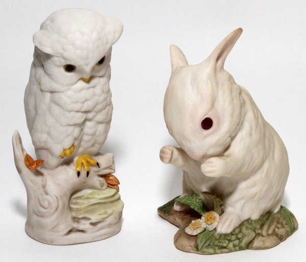CYBIS BISQUE OWL AND BUNNY FIGURES 2 PIECES: CYBIS BISQUE OWL AND BUNNY FIGURES, 2 PIECES, H 4 1/4":Both signed at underside.