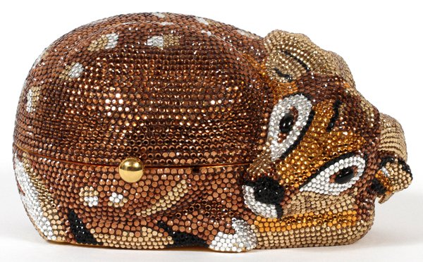JUDITH LEIBER RESTING DEER MINAUDIERE: JUDITH LEIBER RESTING DEER MINAUDIERE, W 5 1/4": Full bead bronze tone crystal deer, with black cabochon eyes, silver and gold crystal antlers and spots, push button opening to gold leather lining. St