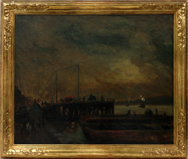 ROBERT HENRI OIL, "COAL PIER AT THE NORTH RIVER": ROBERT HENRI, OIL ON CANVAS, 1902, H 26", L 32", "COAL PIER AT THE NORTH RIVER": Robert Henri [American 1865-1929]. Possible faint and illegible signature lower right; gilt frame. Christie's, Cigna Co