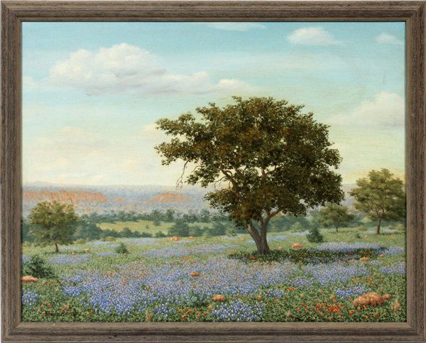 ROYCE ROBERTS OIL ON CANVAS FIELD OF BLUEBONNETS: ROYCE ROBERTS, OIL ON CANVAS, H 21 1/2" W 27", FIELD OF BLUEBONNETS:Royce Roberts [American, b. 1928]. Signed lower left. Framed.